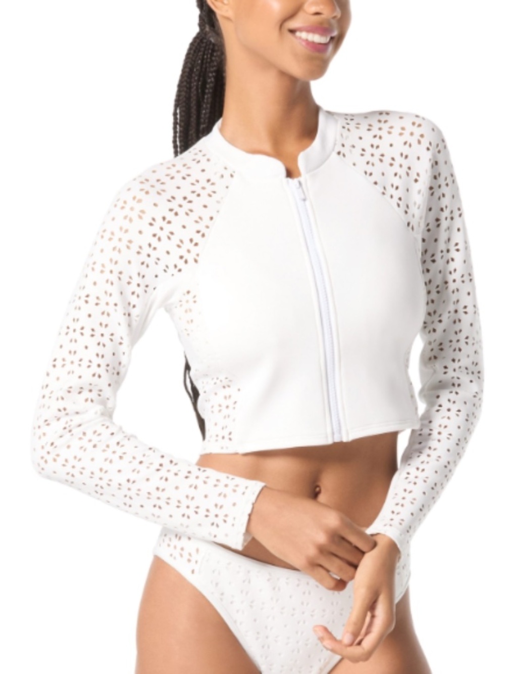 Michael Michael Kors Women's Laser-Cut Cropped Rash Guard - White Size M 11973